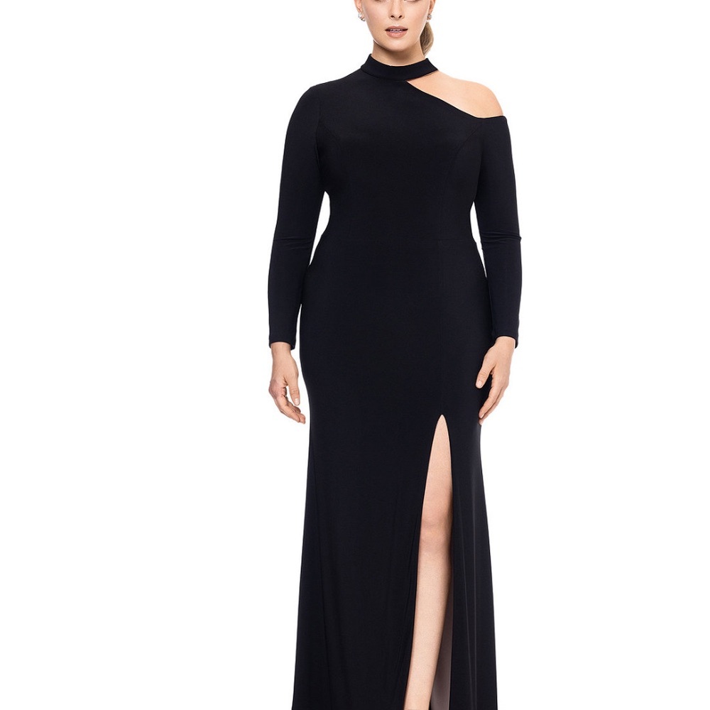 XSCAPE Plus Size Shoulder Cutout High - Slit Evening Gown
